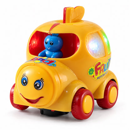A yellow musical car toy with a blue driver and colorful lights is shown from a slight angle on a white background.