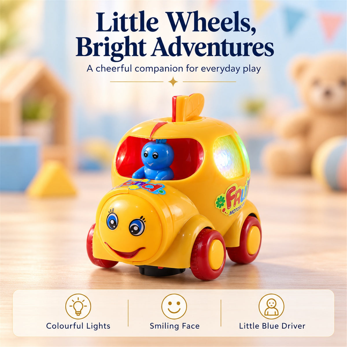 A yellow musical car toy with a blue driver and colorful lights is displayed with text overlay and icons highlighting its