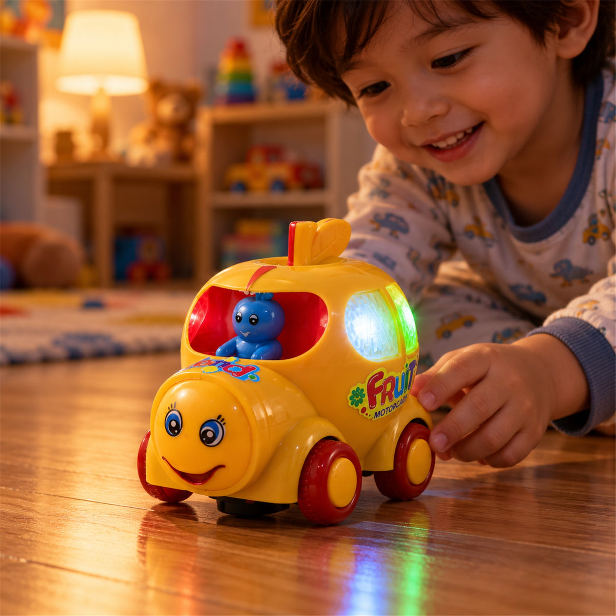 A young child in pajamas is smiling and playing with a yellow musical car toy with colorful lights on a wooden floor in a