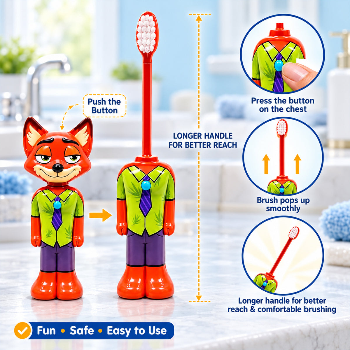 The orange fox character toothbrush is shown transforming from a compact figure to an extended brush for better reach.