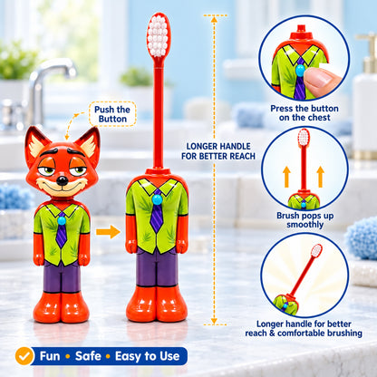 The orange fox character toothbrush is shown transforming from a compact figure to an extended brush for better reach.