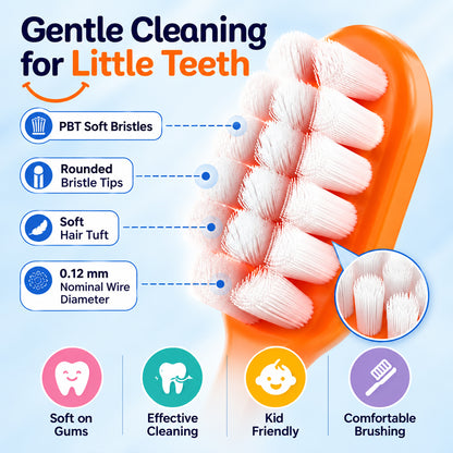 A close-up view of the orange toothbrush head highlights its soft, white, rounded bristles.