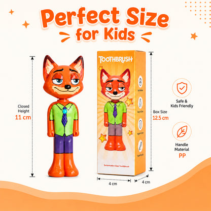 The orange fox character toothbrush stands next to its box, with dimensions for both items displayed.