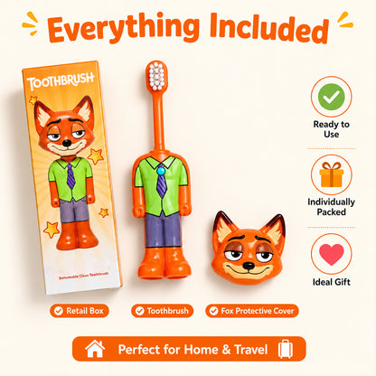 The orange fox character toothbrush, its detached head, and packaging are arranged on a white surface.