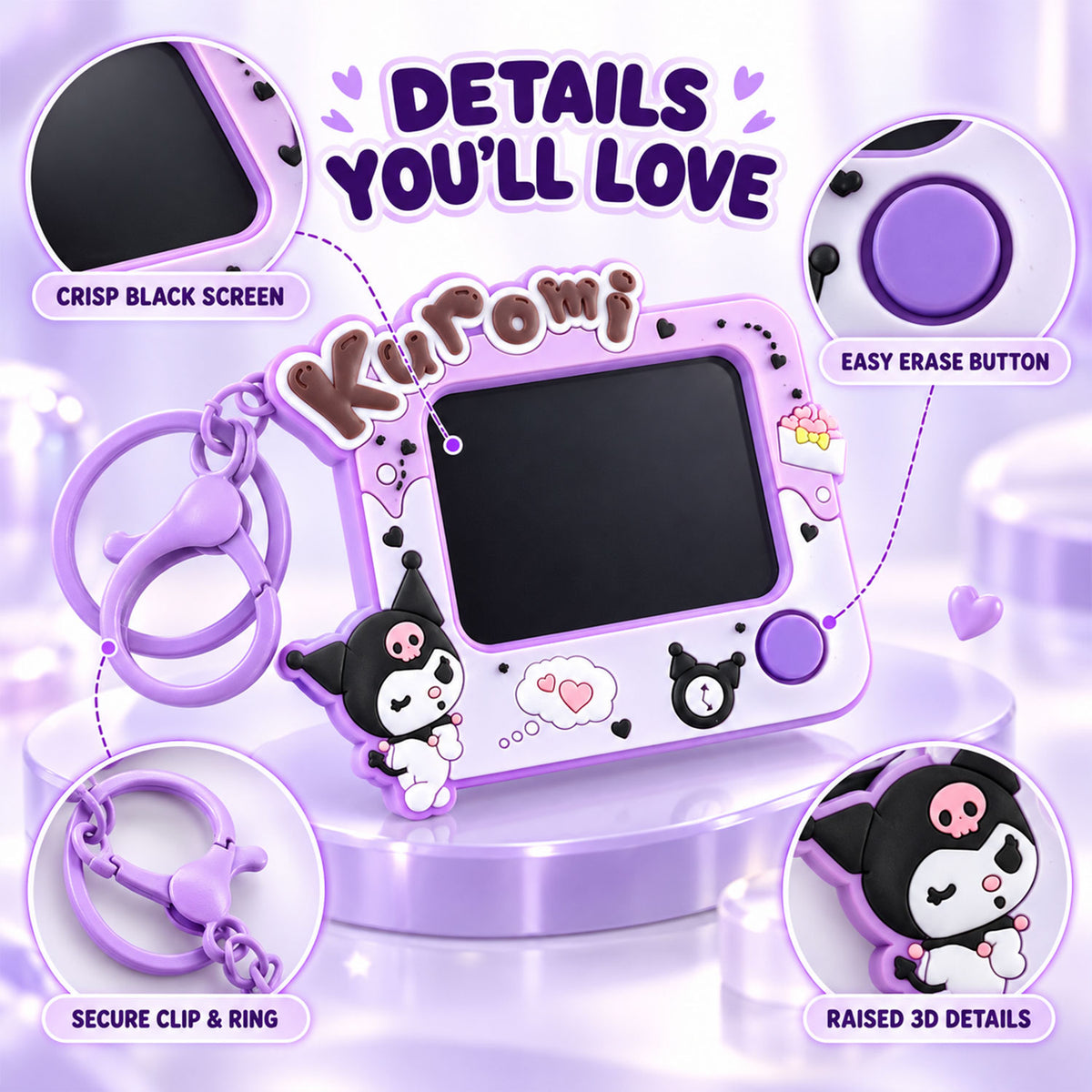 A purple Kuromi LCD writing tablet keychain on a pedestal, with close-ups of its black screen, erase button, clip, and 3D