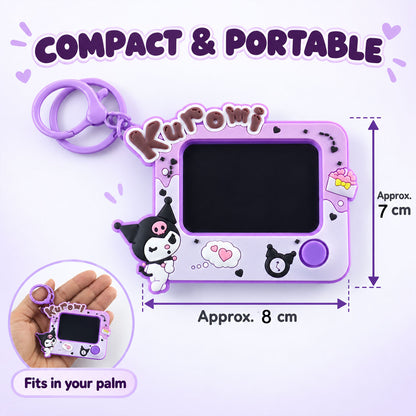 A purple Kuromi LCD writing tablet keychain with dimensions of 7 cm by 8 cm, and an inset showing it fitting in a palm.