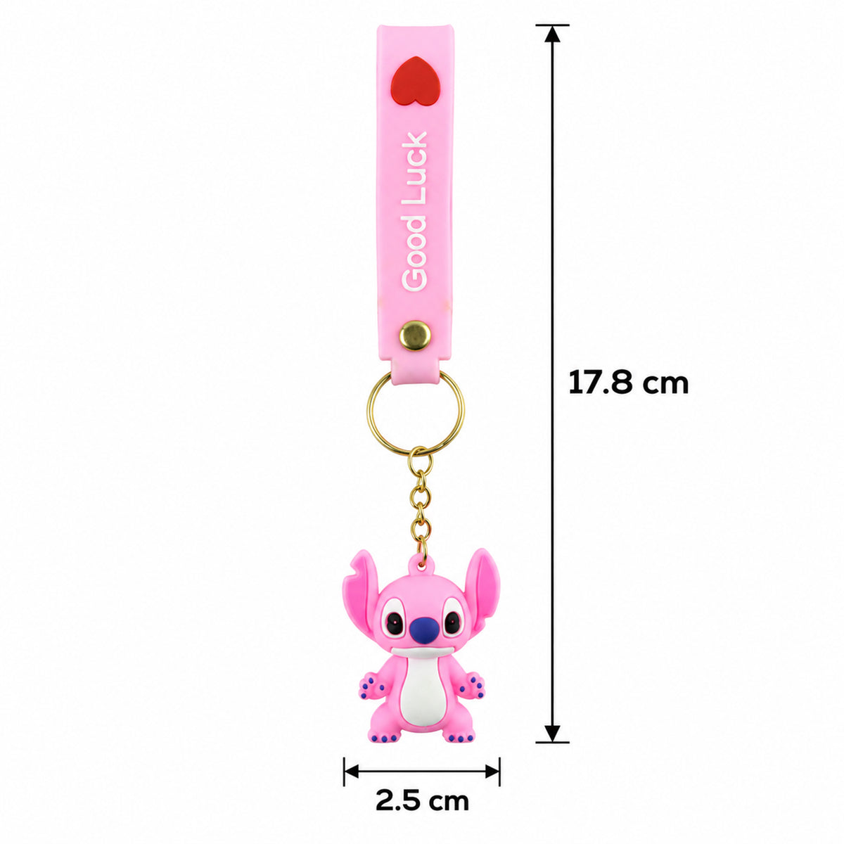 A pink silicone keychain with a cartoon alien charm is shown with precise measurements for its length and width on a white