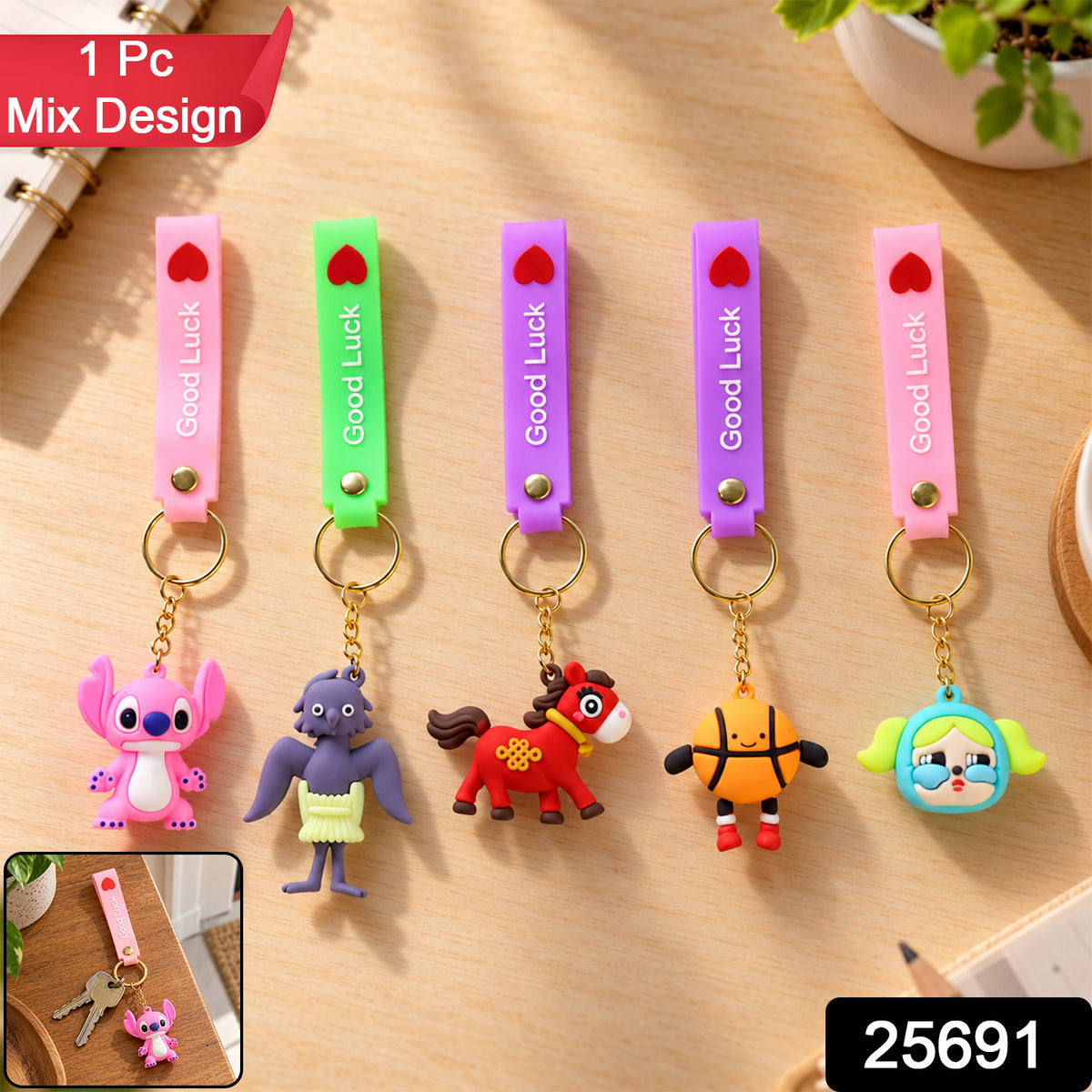 Five colorful silicone keychains with various cartoon character charms are displayed on a wooden desk, with a small inset