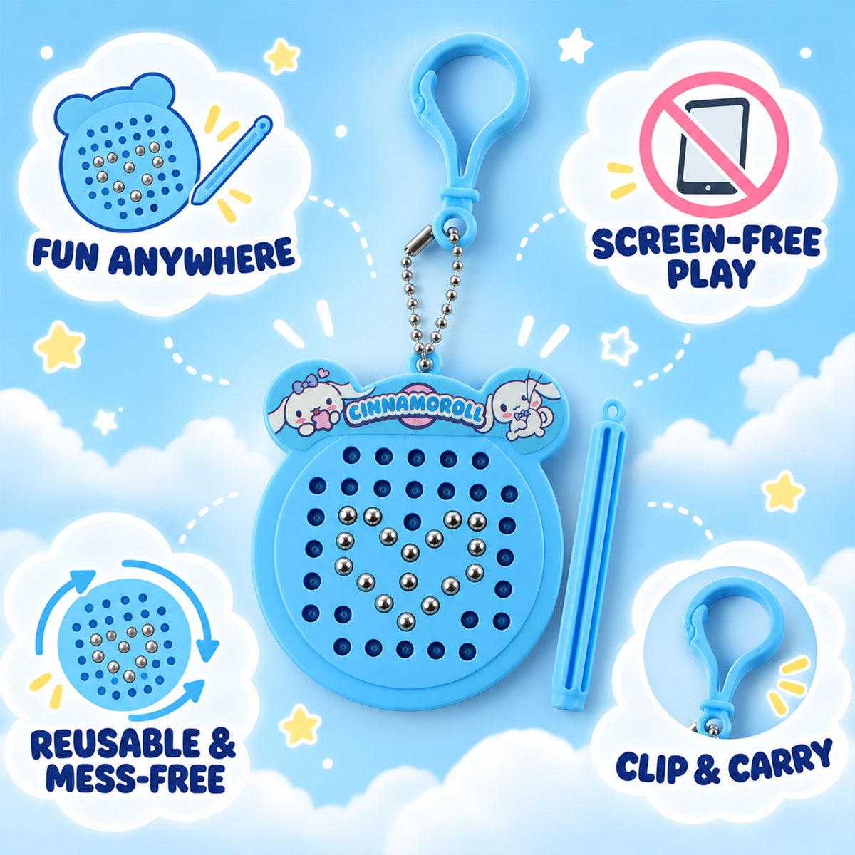 A blue Cinnamoroll magnetic drawing pad keychain with a stylus, highlighting features like screen-free play and reusability.