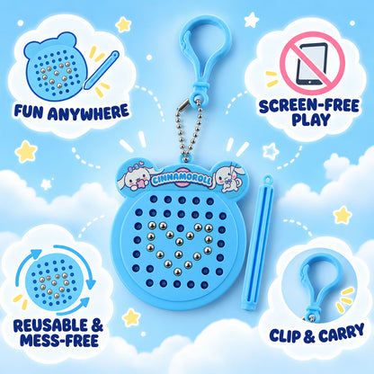 A blue Cinnamoroll magnetic drawing pad keychain with a stylus, highlighting features like screen-free play and reusability.