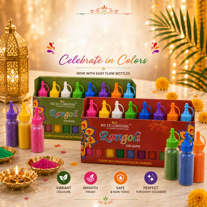 Rangoli colour powder set with ten assorted nozzle bottles for festive floor decoration 01