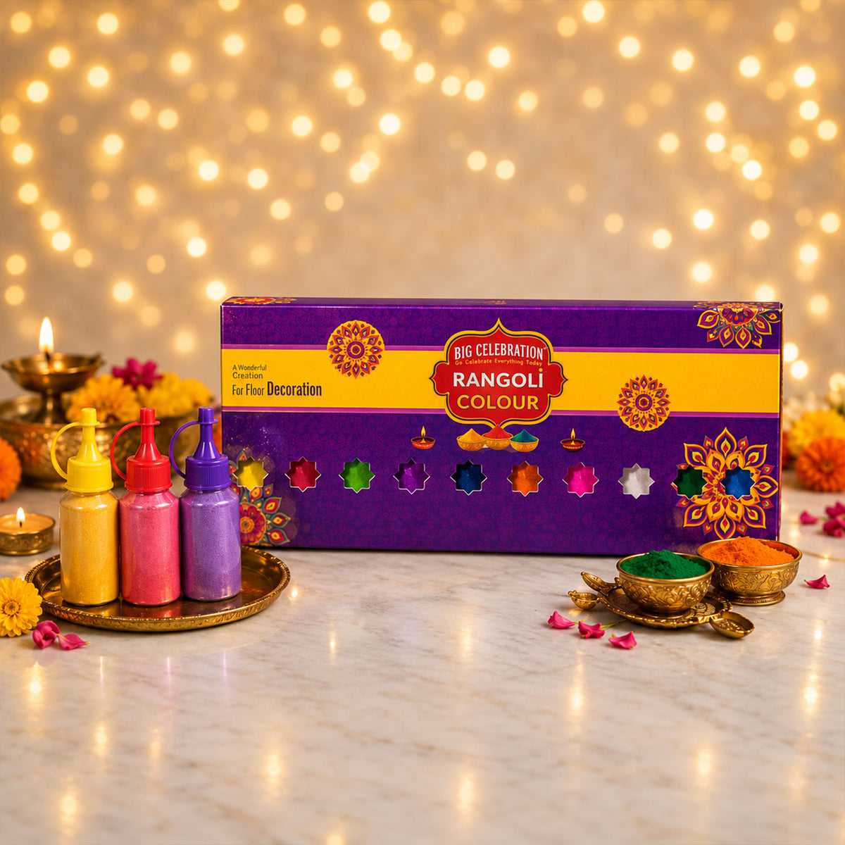 Rangoli colour powder set with ten assorted nozzle bottles for festive floor decoration 02