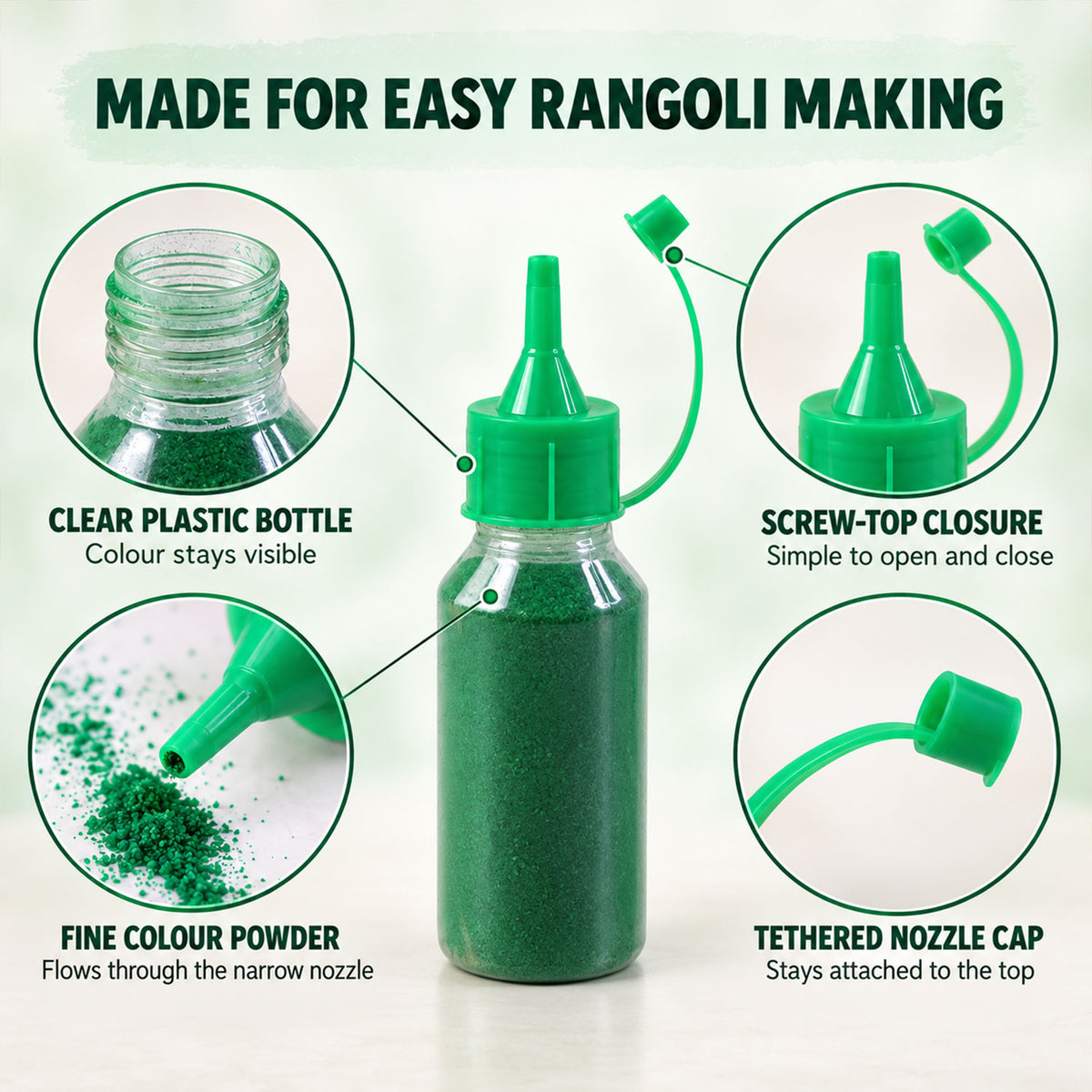 Rangoli colour powder set with ten assorted nozzle bottles for festive floor decoration 04