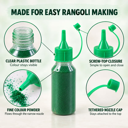 Rangoli colour powder set with ten assorted nozzle bottles for festive floor decoration 04