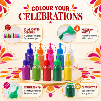Rangoli colour powder set with ten assorted nozzle bottles for festive floor decoration 05