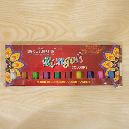 Rangoli colour powder set with ten assorted nozzle bottles for festive floor decoration 08