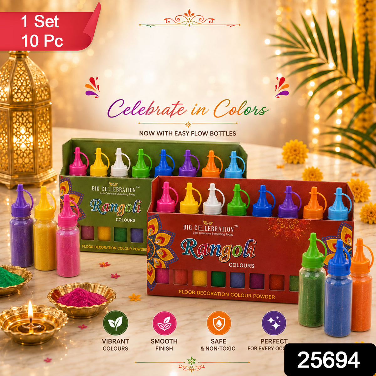 Rangoli colour powder set with ten assorted nozzle bottles for festive floor decoration 25694
