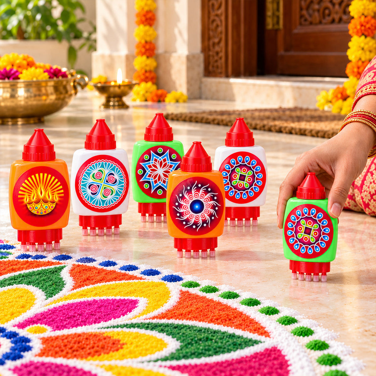 Plastic rangoli colour filling bottles with nozzle and five point stamp 01
