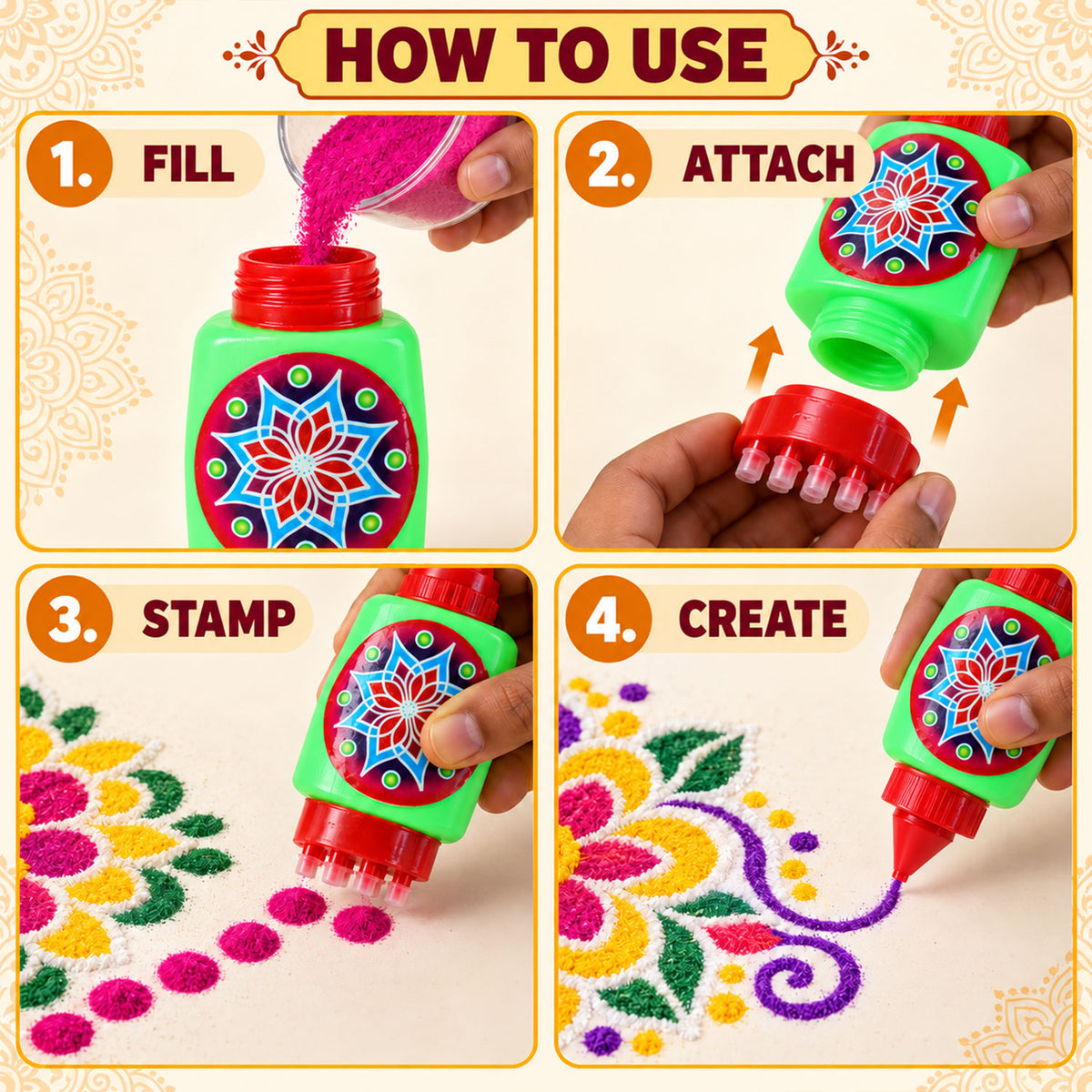 Plastic rangoli colour filling bottles with nozzle and five point stamp 03