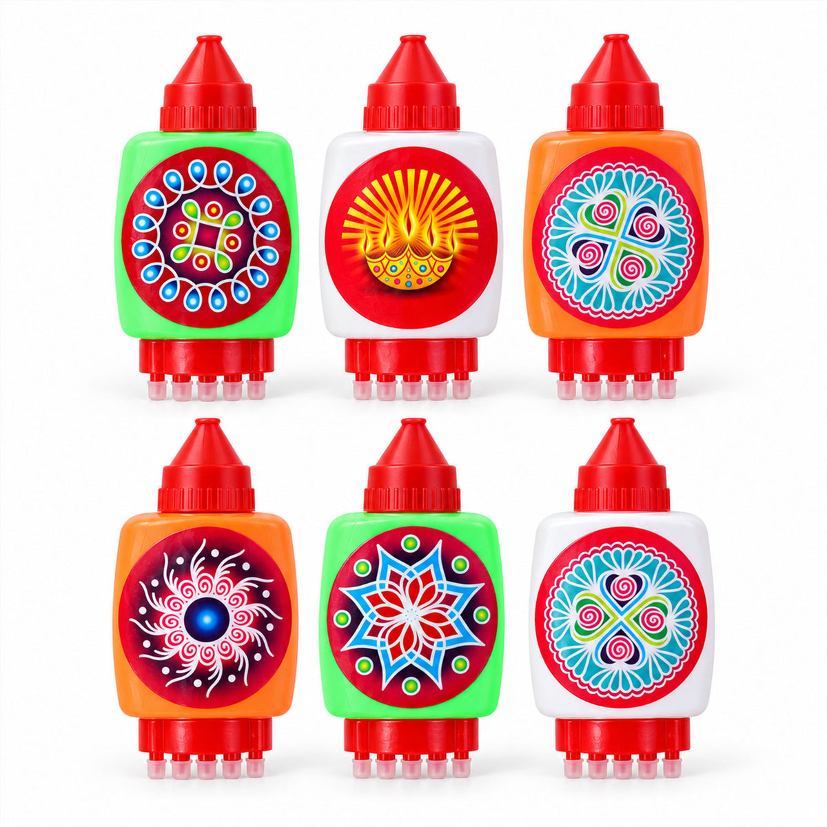 Plastic rangoli colour filling bottles with nozzle and five point stamp 07