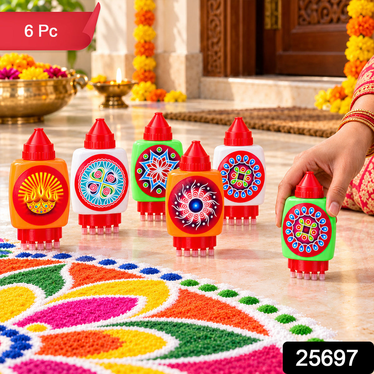 Plastic rangoli colour filling bottles with nozzle and five point stamp 25697
