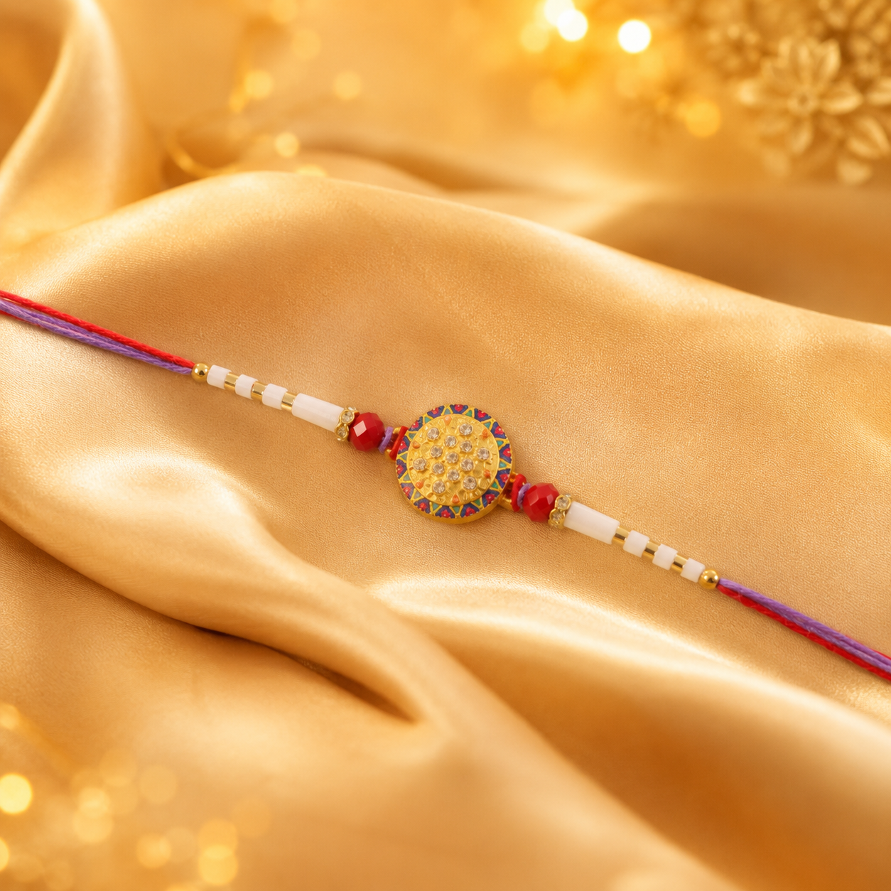 Soft Gold Round Rakhi with White Beads and Dual Color Thread