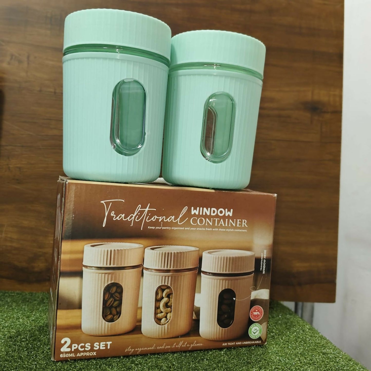 Airtight food storage container filled with colorful candies