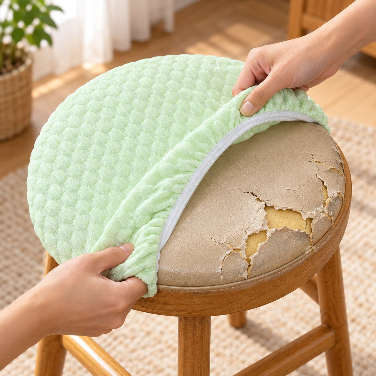 Hands removing a light green textured cushion cover from a distressed, peeling stool seat.