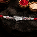 Bhaiya Name Rakhi – Silver with Crystal Beads & Red Thread