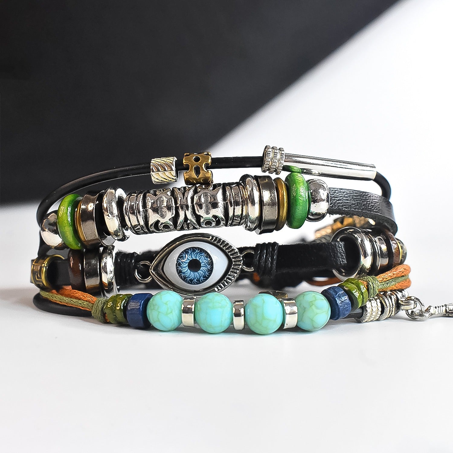 Leather Vintage Biker Multi-Strand Wrist Band with Cotton Thread & Wood Strap