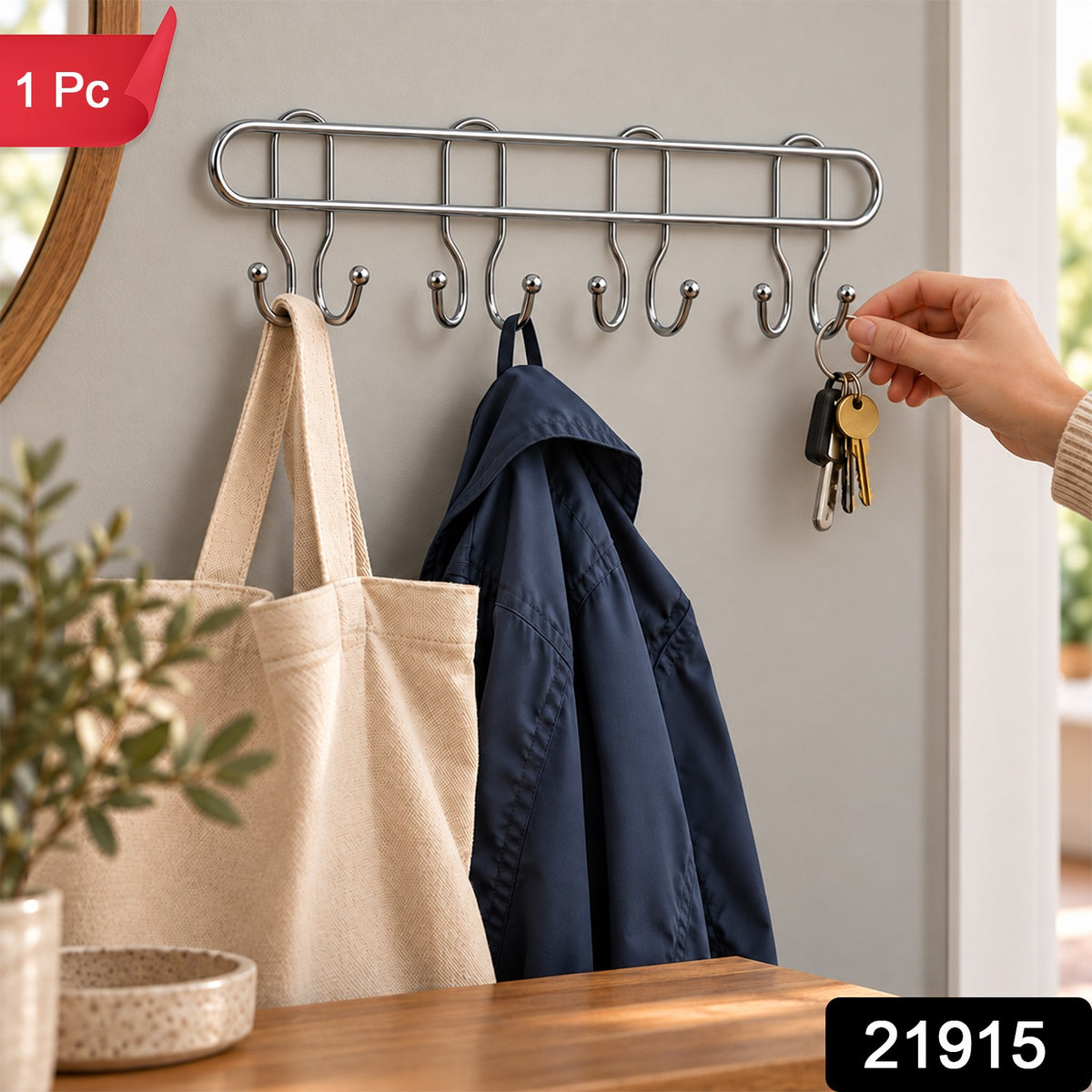 Long Stainless Steel Multi Hook Rack for Home Wall, Clothes and Bags (1 Pc)