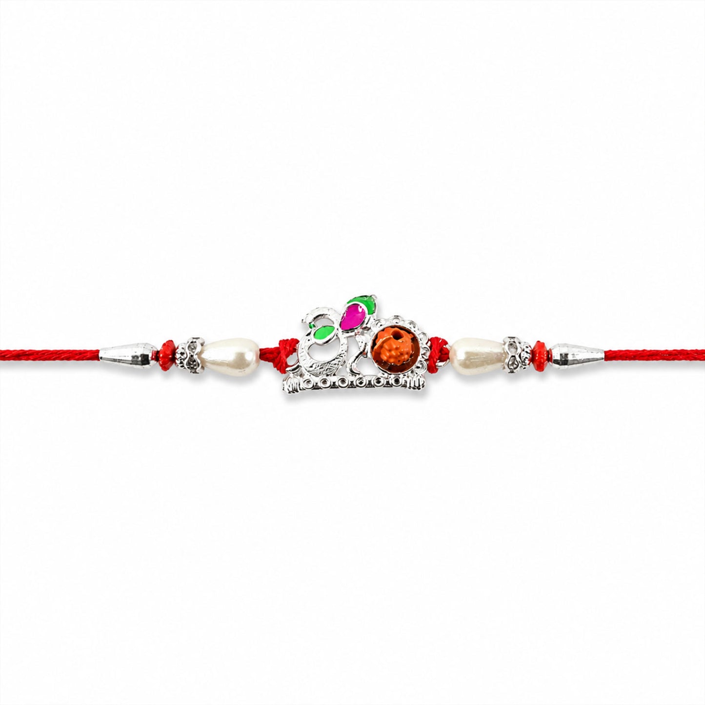Red Gold Floral Om Rakhi with White Pearls and Orange Stone Center