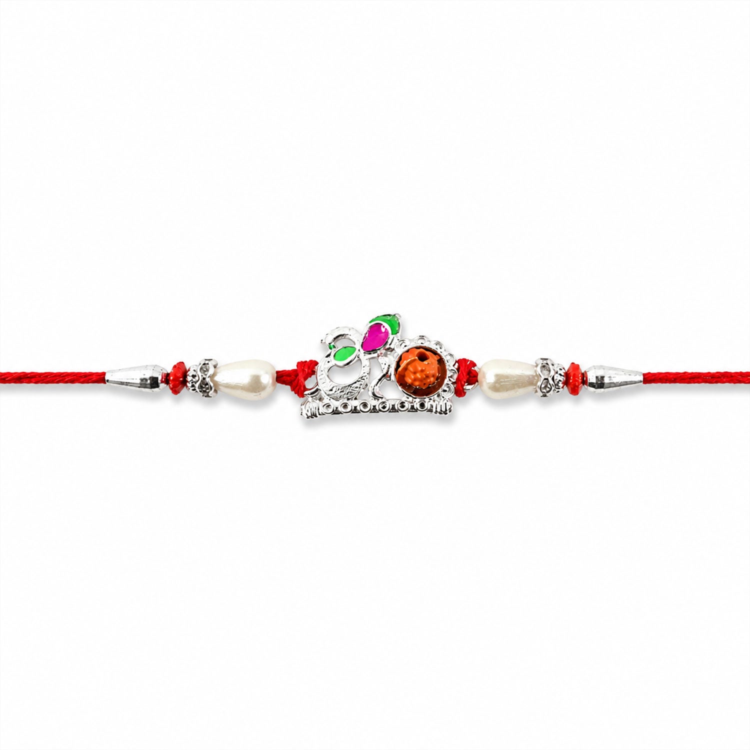 Red Gold Floral Om Rakhi with White Pearls and Orange Stone Center