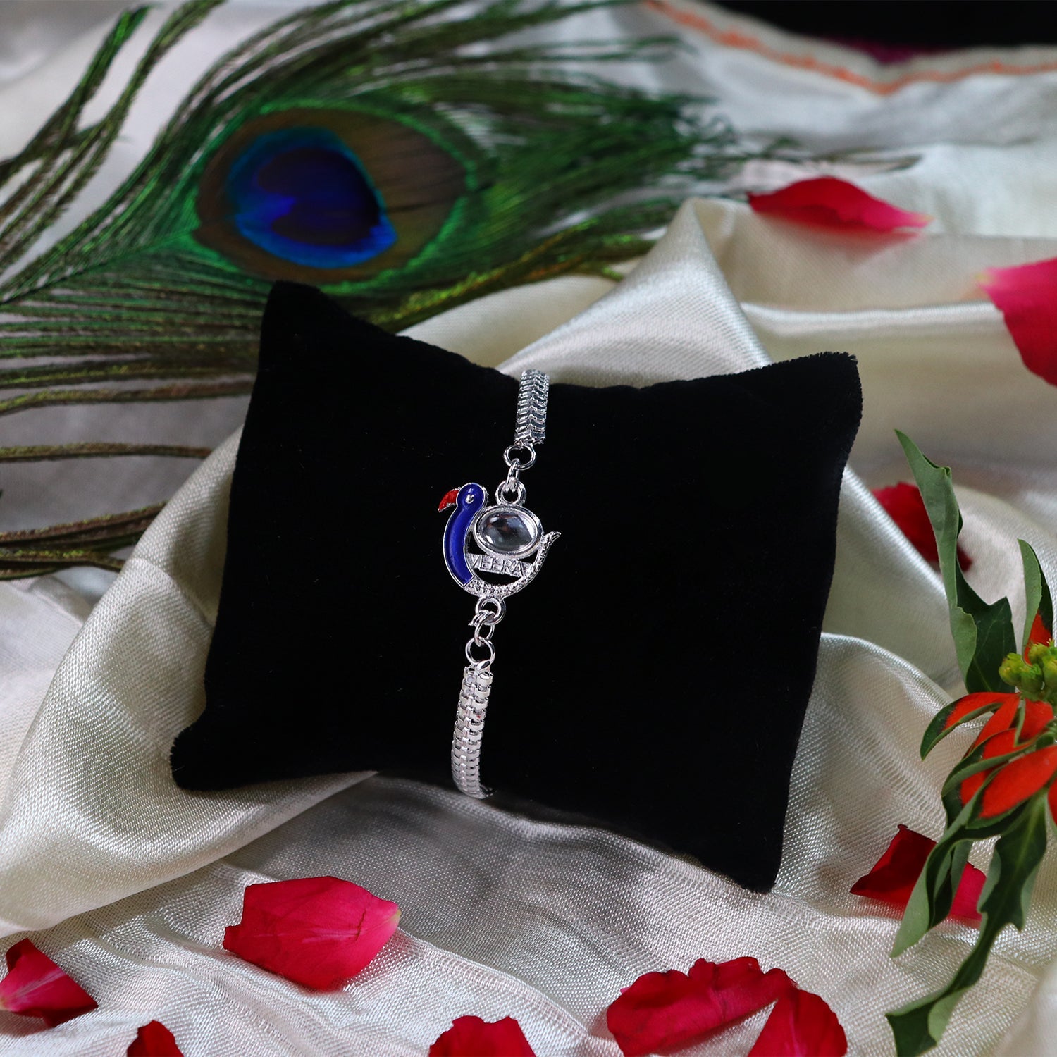 Peacock Rakhi Blue Enamel Silver Design for Brothers (10pcs)