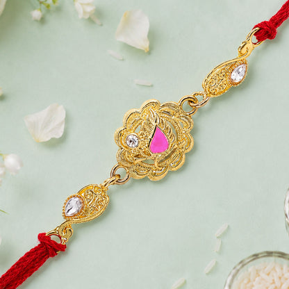 Premium Rakhi with Floral Medallion, crystal accents and gift style for Gift Styling