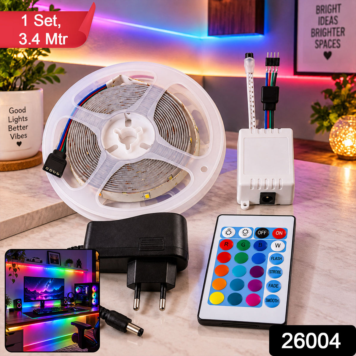 RGB LED Strip Light with Remote and Adapter for Room Decor (1 Set, 3.4 Mtr)