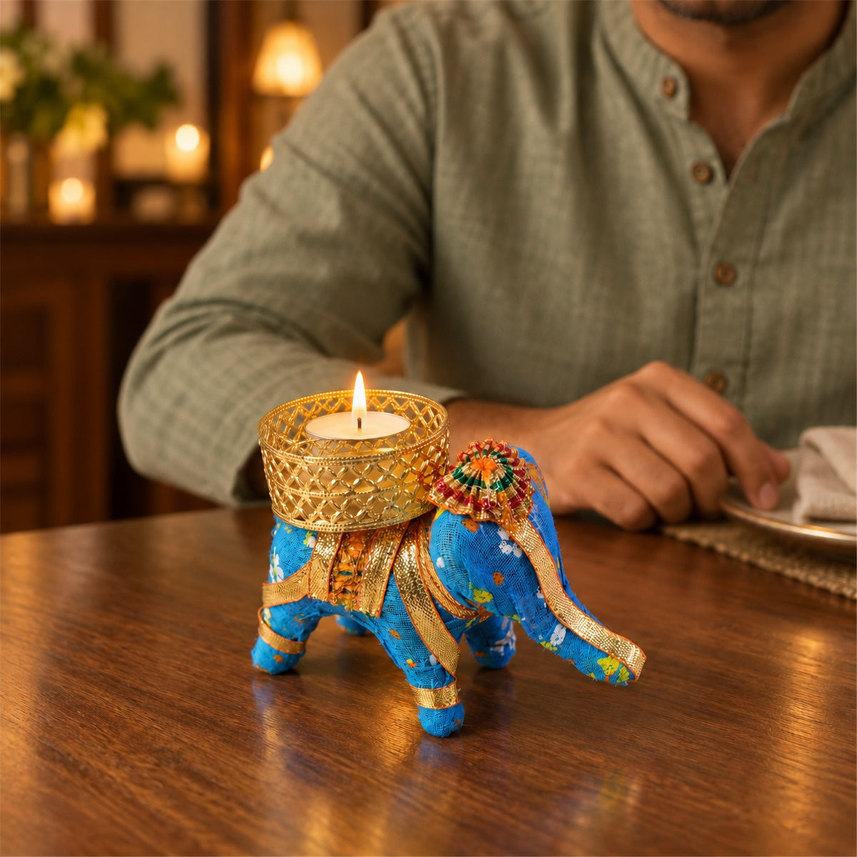 Blue elephant tealight holder - tabletop use