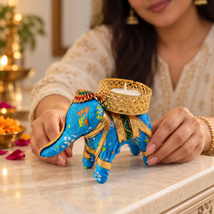 Blue elephant tealight holder - close-up