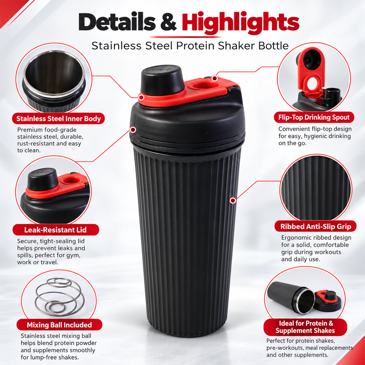 Gym shaker bottle with mixing ball - bottle features