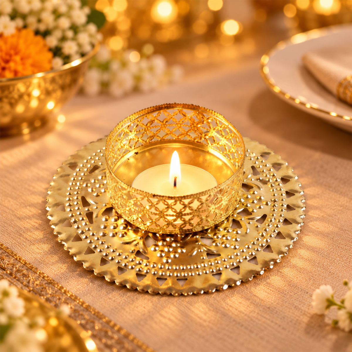 Gold tone metal jali tealight holder - main lifestyle
