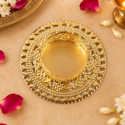 Gold tone metal jali tealight holder - top view