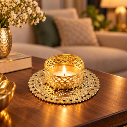 Gold tone metal jali tealight holder - tabletop decor