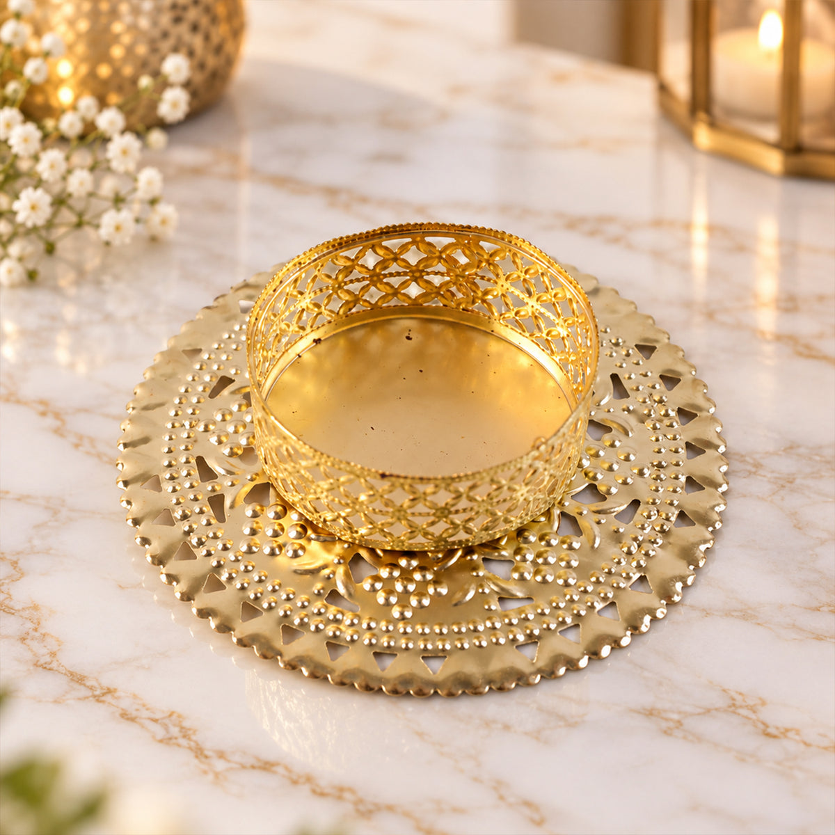 Gold tone metal jali tealight holder - unlit display