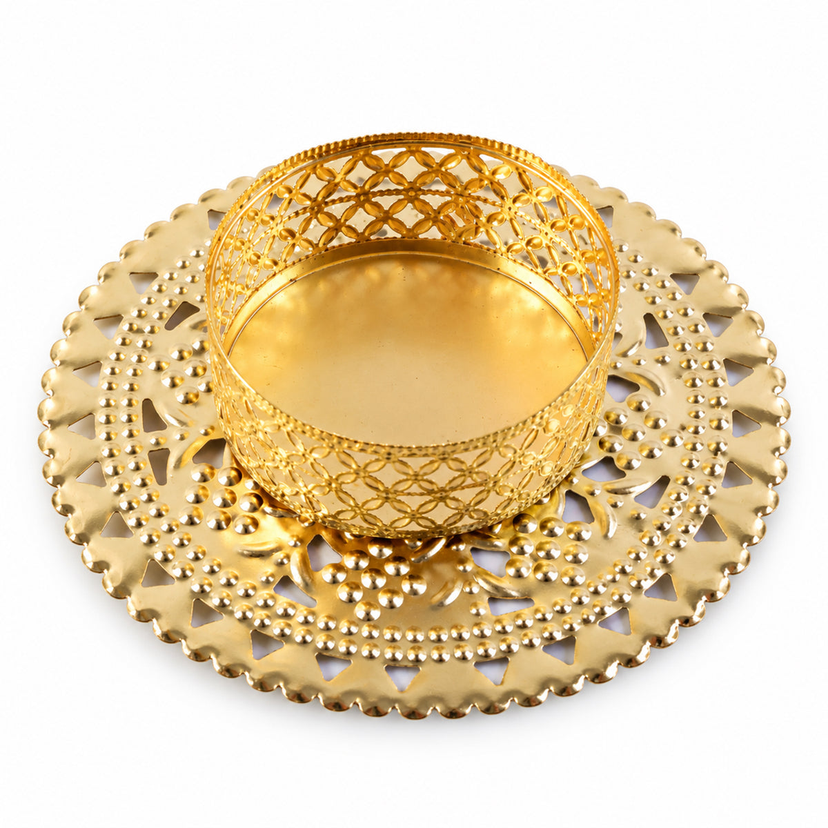 Gold tone metal jali tealight holder - white background