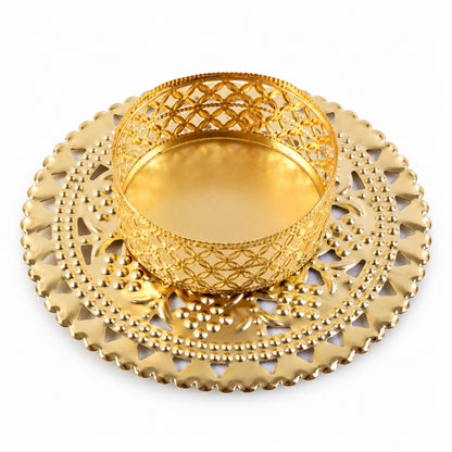 Gold tone metal jali tealight holder - white background
