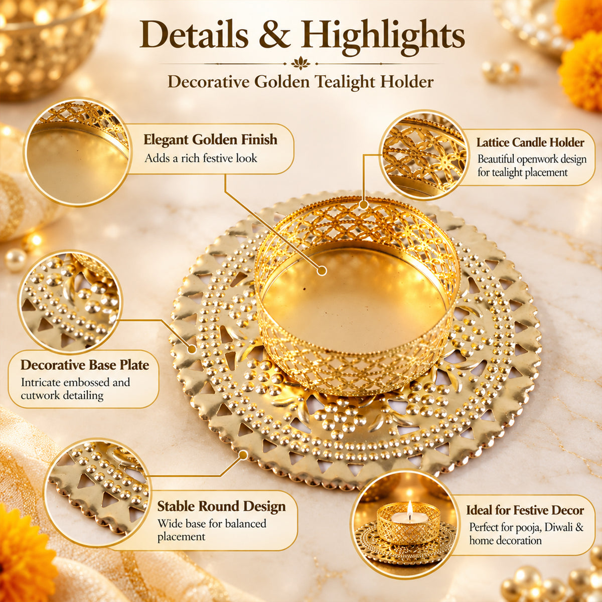 Gold tone metal jali tealight holder - design details