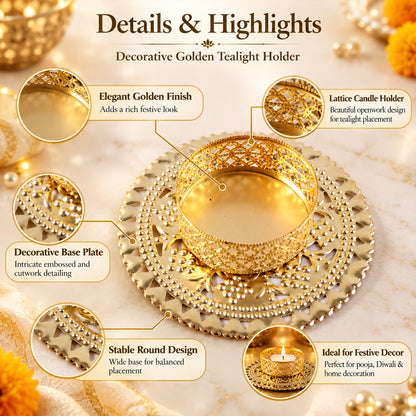 Gold tone metal jali tealight holder - design details