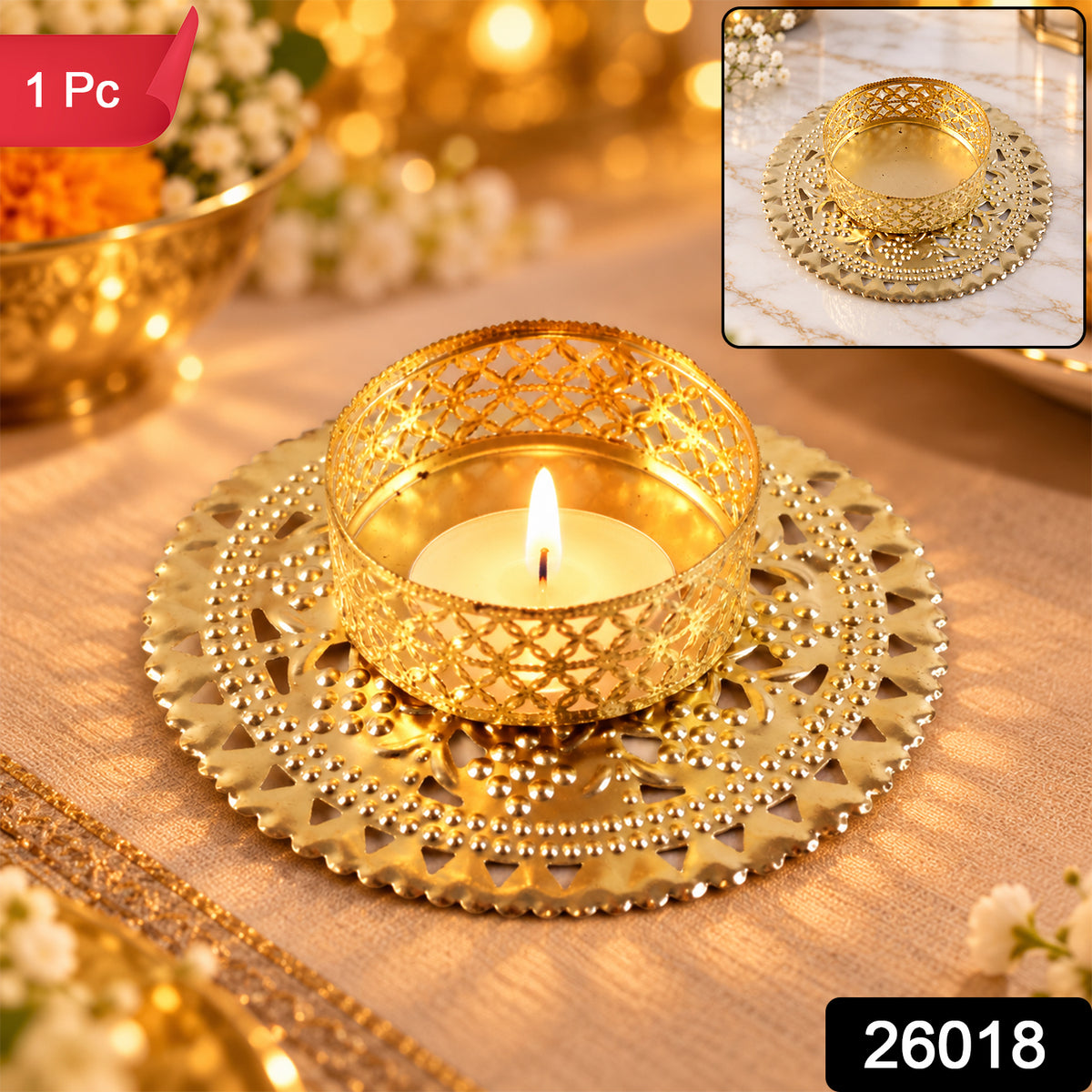 Gold tone metal jali tealight holder - SKU photo