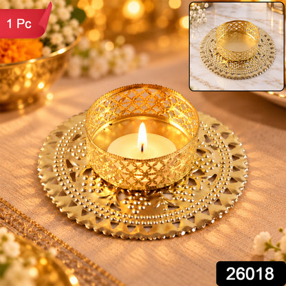 Gold tone metal jali tealight holder - SKU photo