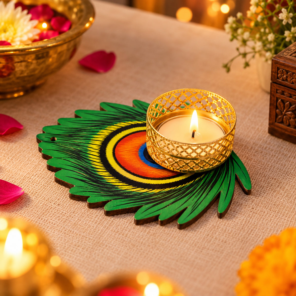 Peacock feather design tealight holder - main lifestyle